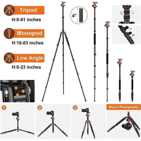 Tripod for Camera, 81" Camera Tripod Stand, 83 inches DSLR Tripods & Monopod - Picture 4 of 6